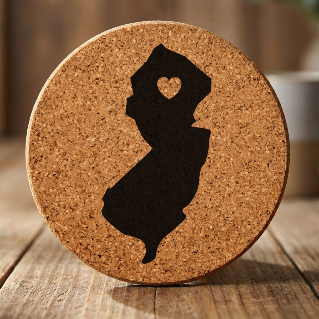 New Jersey round cork coaster engraved with the state shape and a heart
