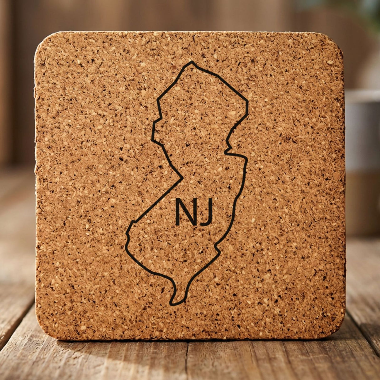 New Jersey square cork coaster engraved with the state outline and NJ initials