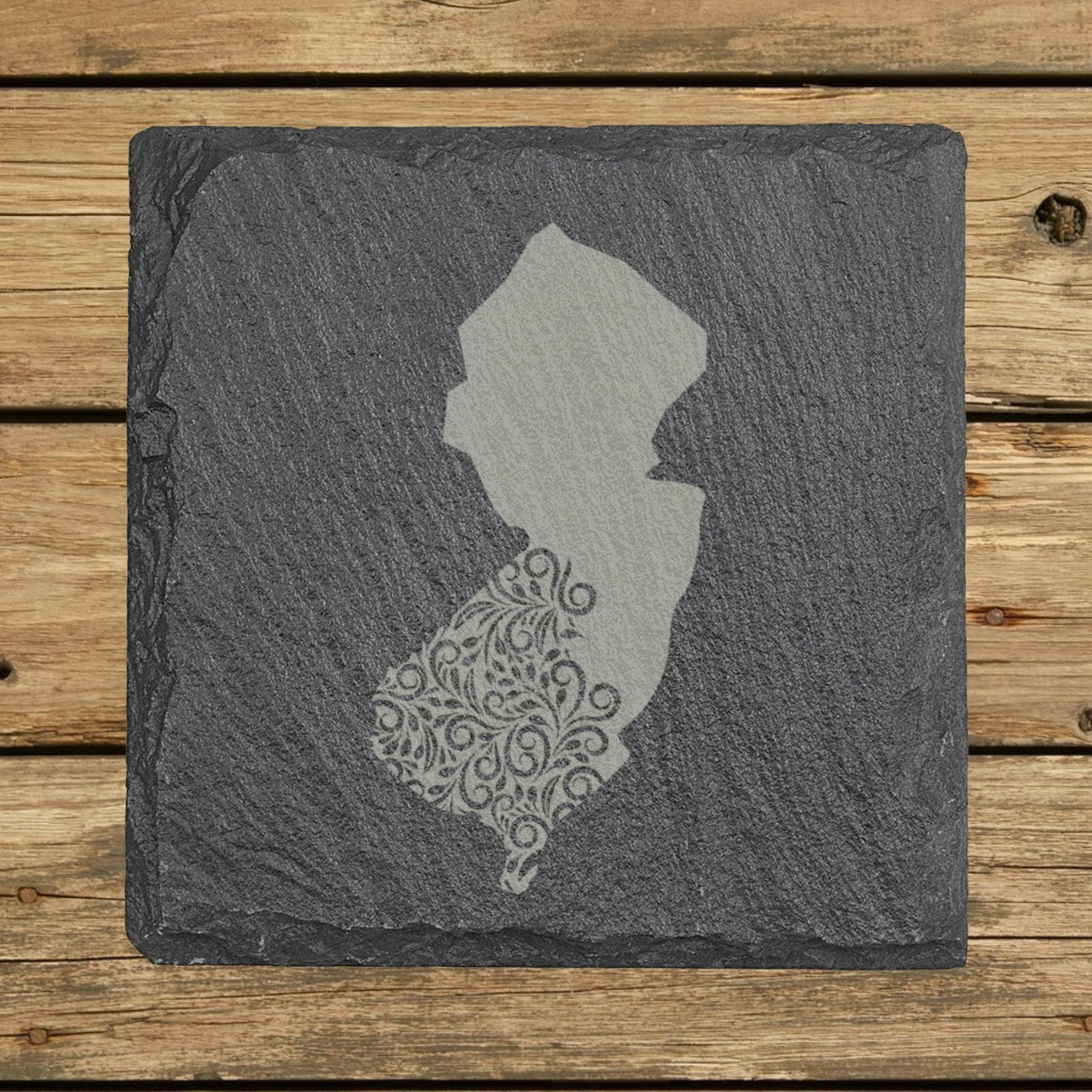 New Jersey square slate coaster engraved with the state shape in ornate floral scrollwork