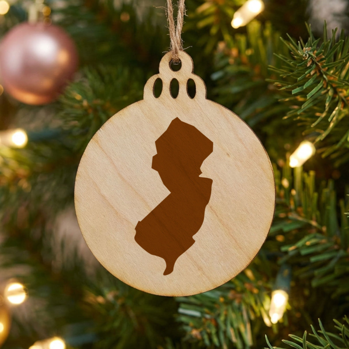 New Jersey round wood Christmas ornament with the full state shape engraved