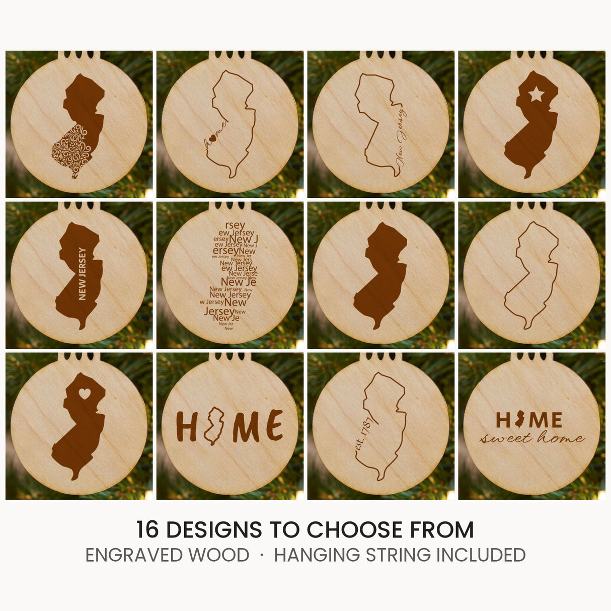 New Jersey wood Christmas ornament, laser engraved natural wood