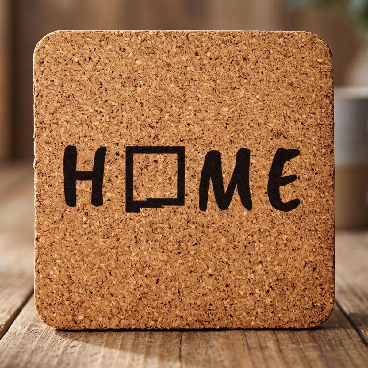 New Mexico square cork coaster engraved with HOME using the state outline as the letter O