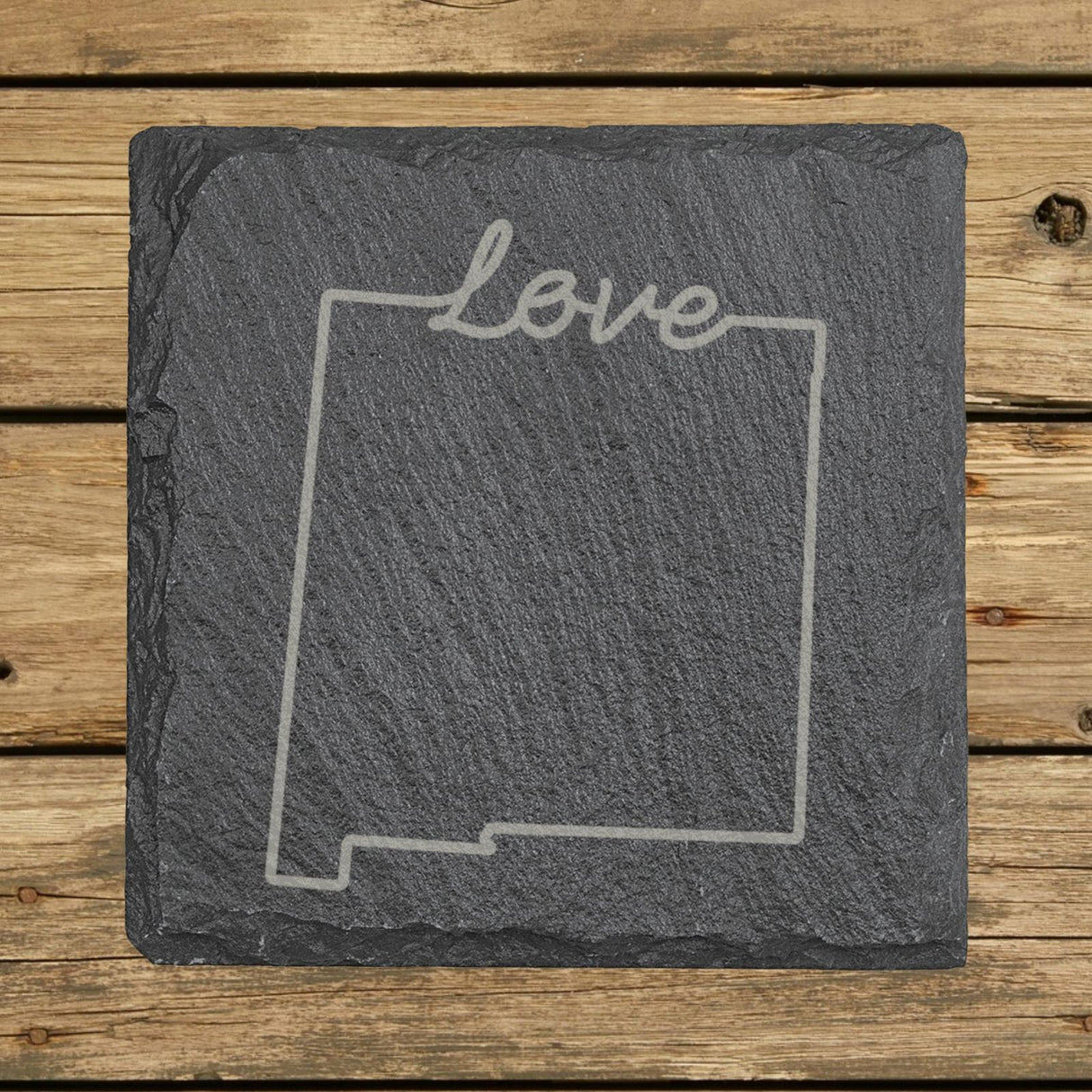 New Mexico square slate coaster engraved with a hand-drawn state outline and love in cursive