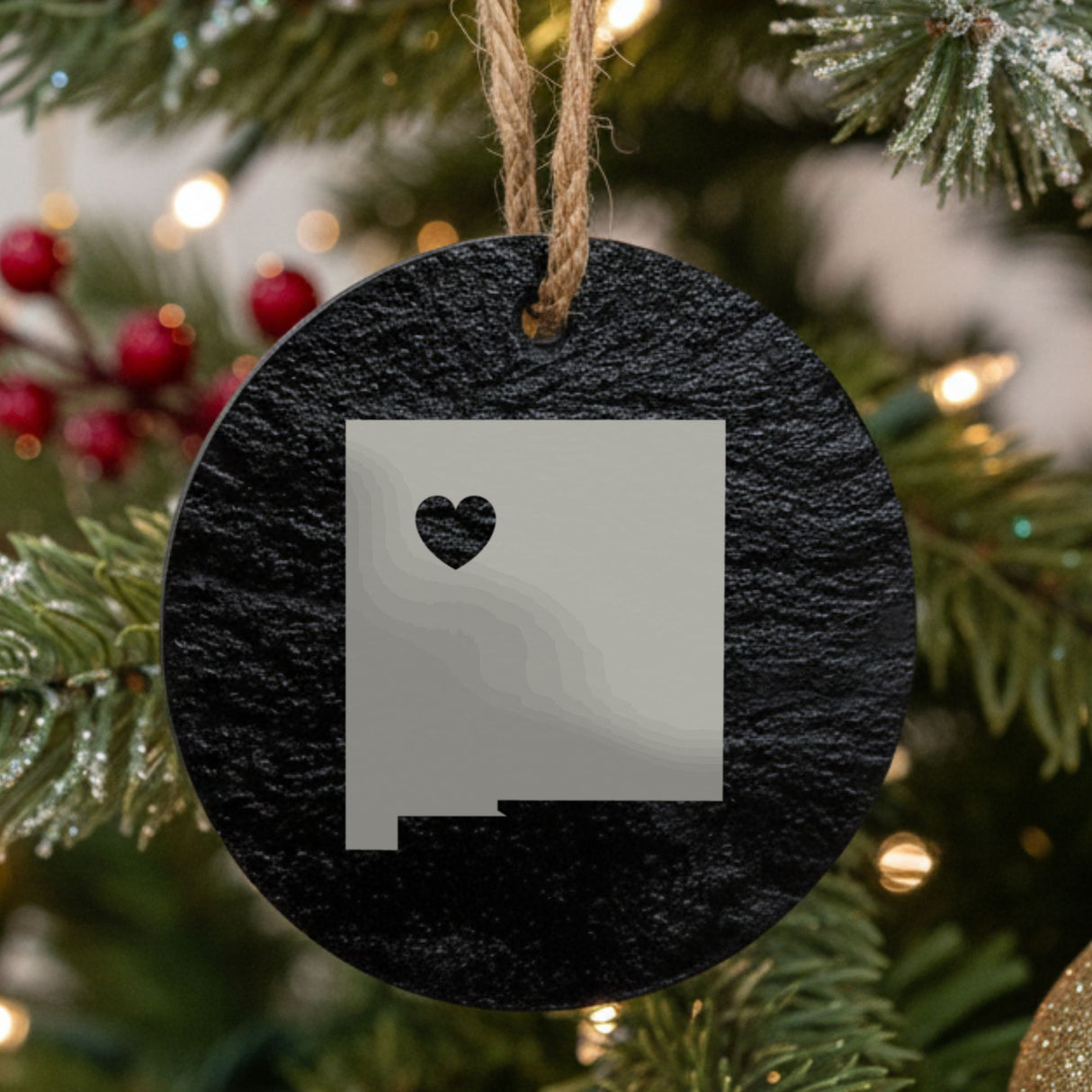 New Mexico round slate Christmas ornament engraved with the state shape and a heart
