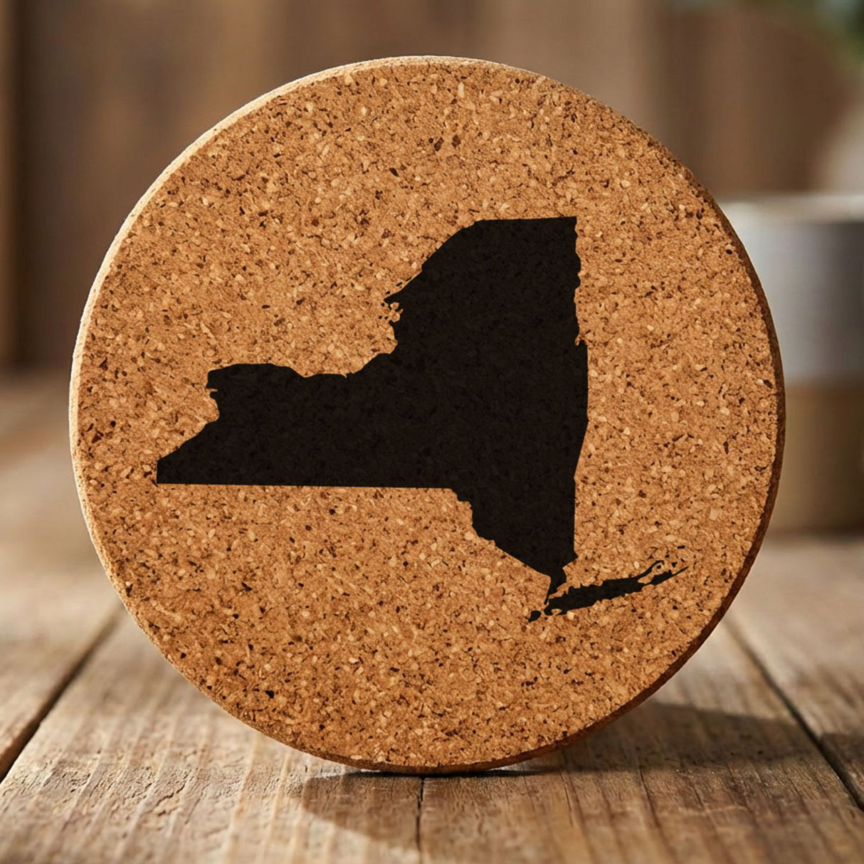 New York round cork coaster with the full state shape engraved