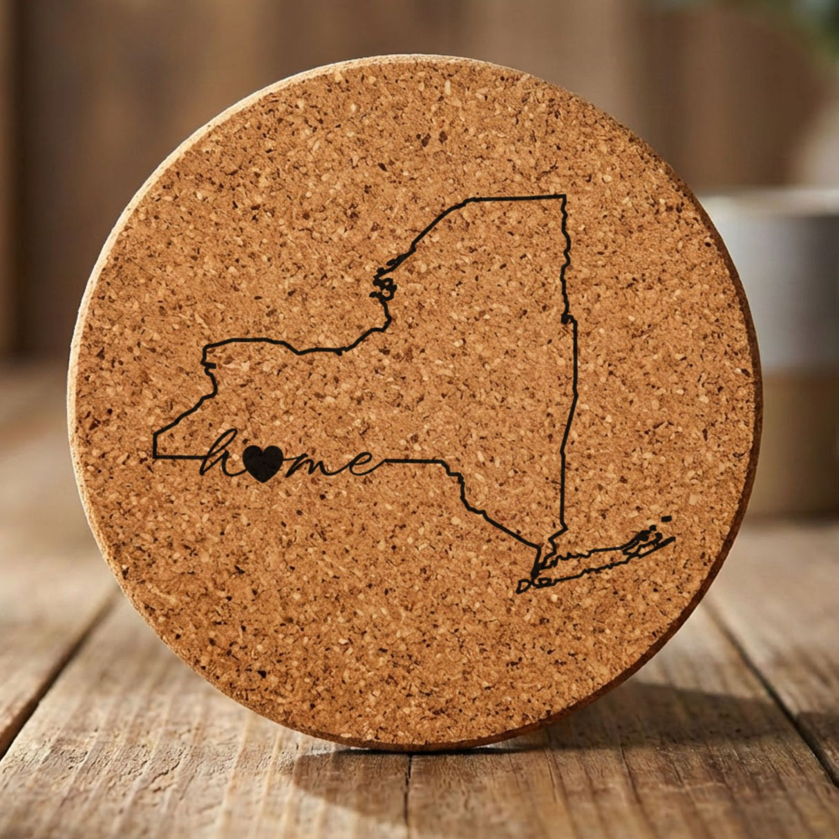 New York round cork coaster engraved with the state outline and home in script with a heart