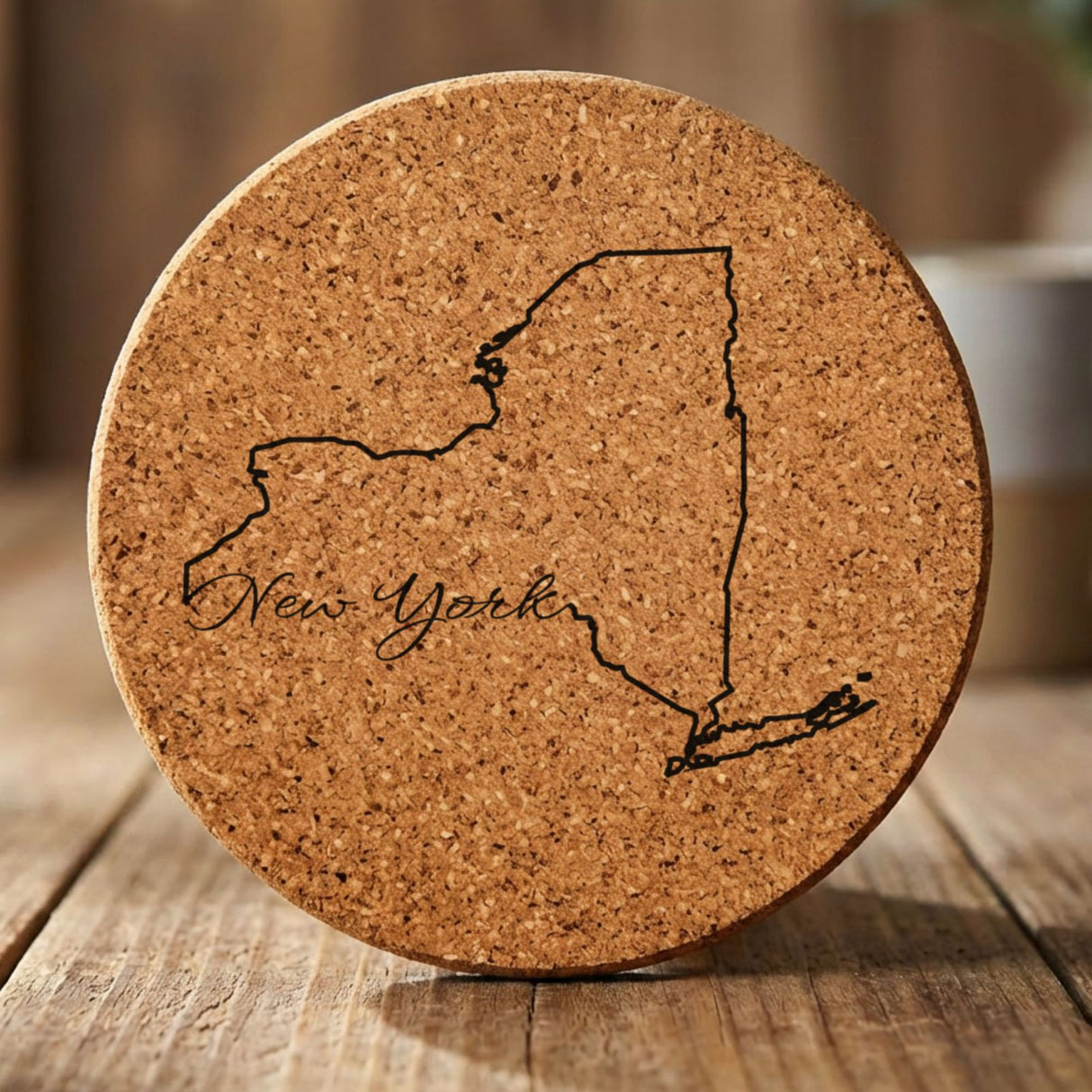 New York round cork coaster engraved with the state outline and New York in script lettering