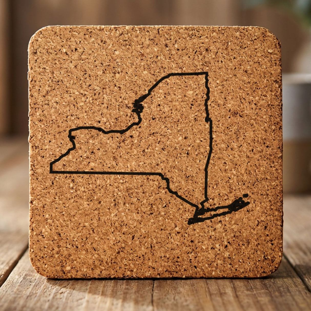 New York square cork coaster engraved with a clean state outline