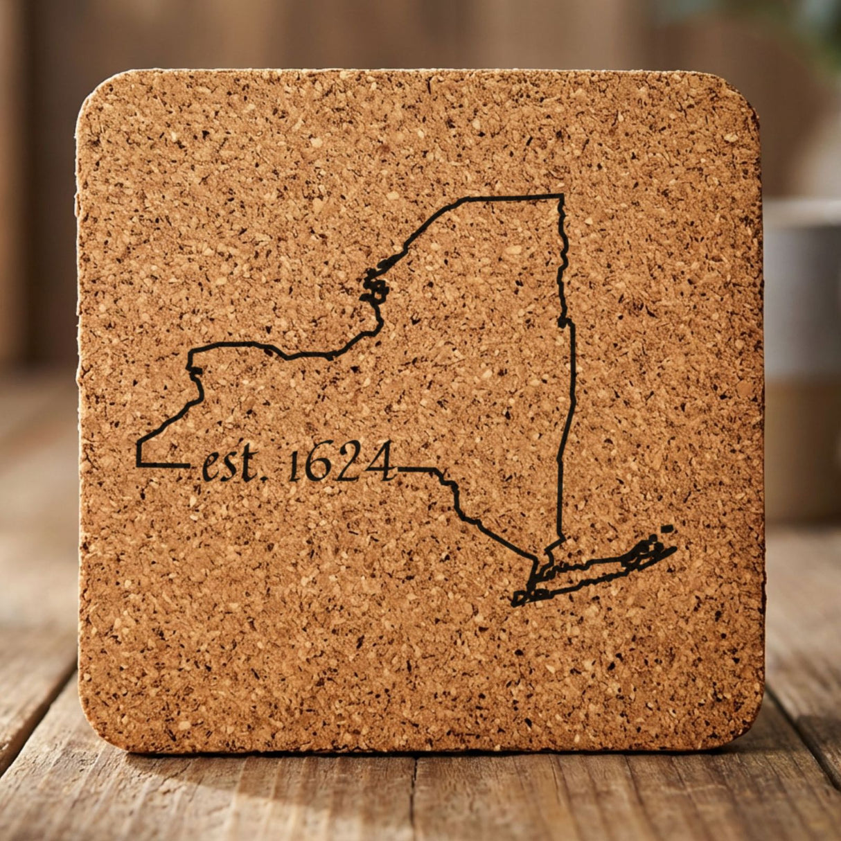 New York square cork coaster engraved with the state outline and est. 1624