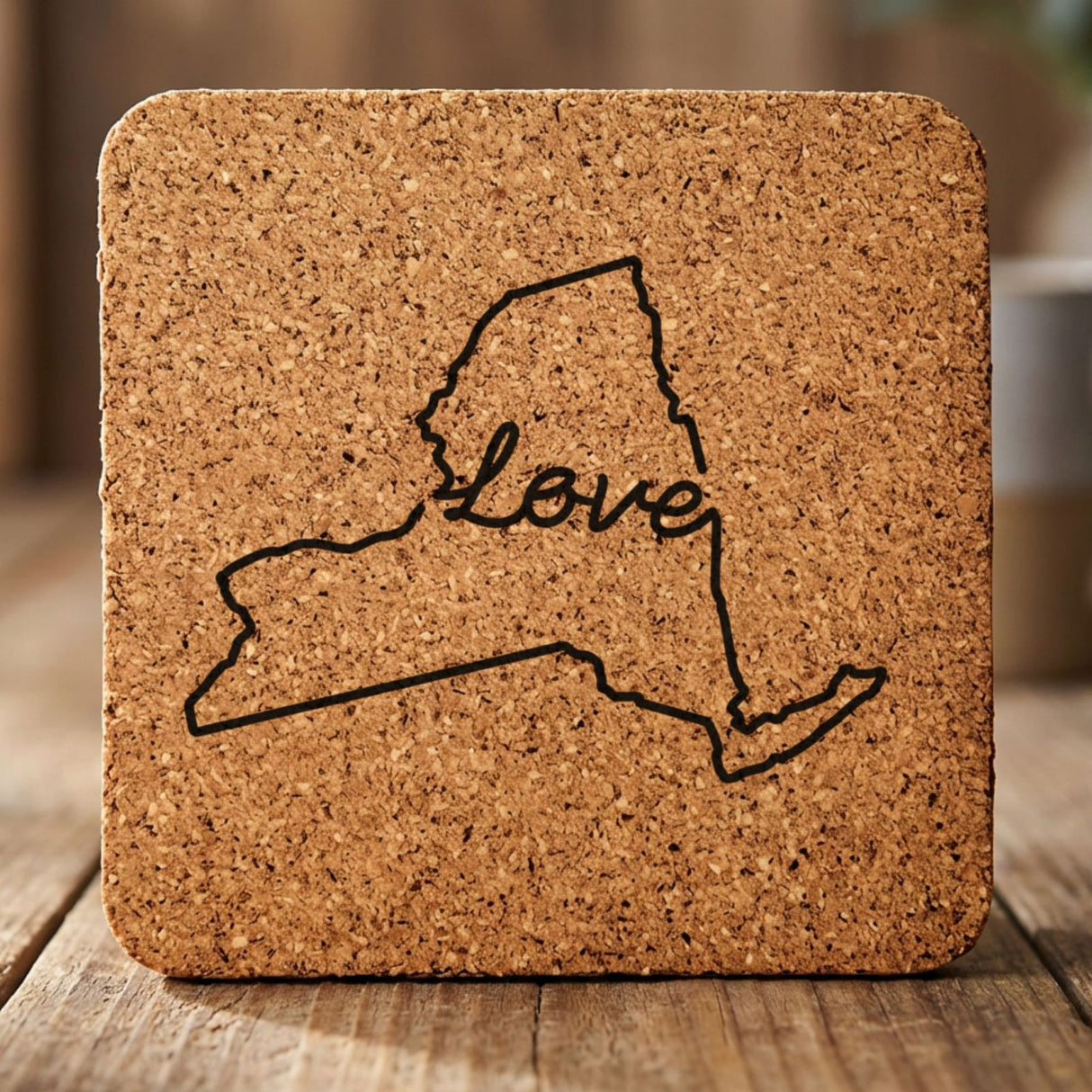 New York square cork coaster engraved with a hand-drawn state outline and love in cursive