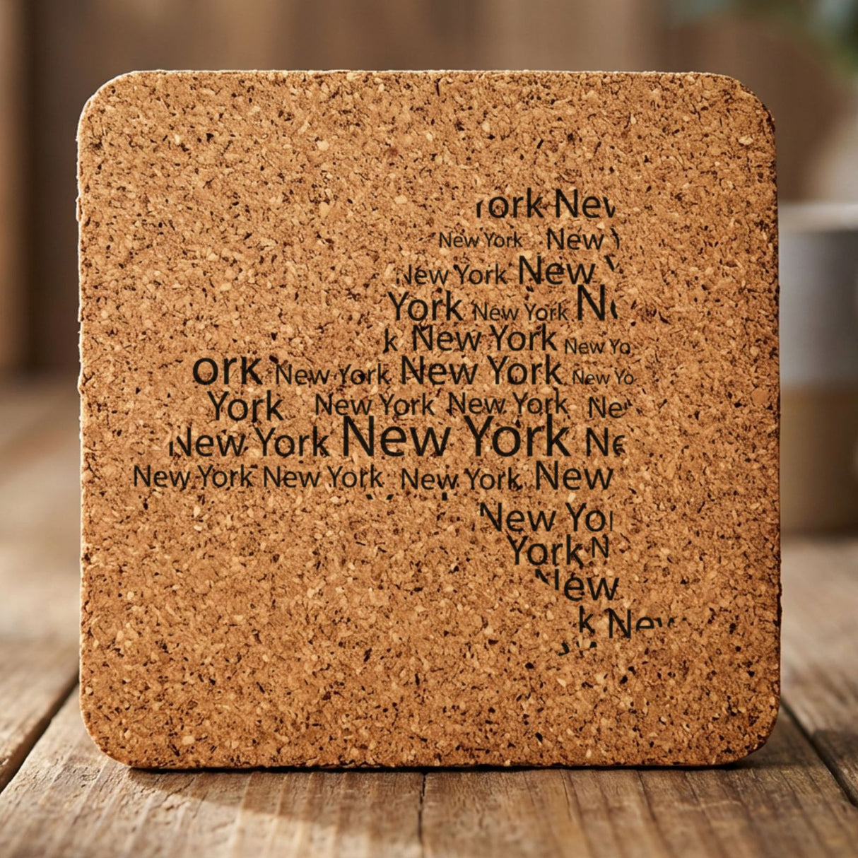 New York square cork coaster engraved with a word cloud of repeating New York text