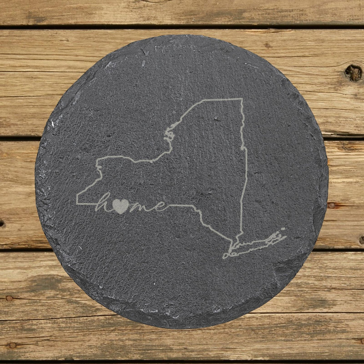 New York round slate coaster engraved with the state outline and home in script with a heart