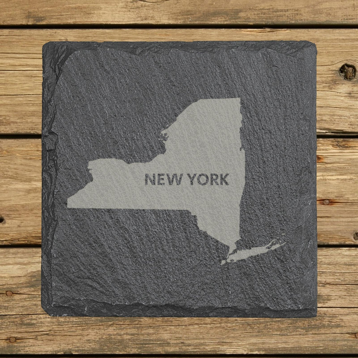 New York square slate coaster engraved with the state shape and NEW YORK in bold lettering
