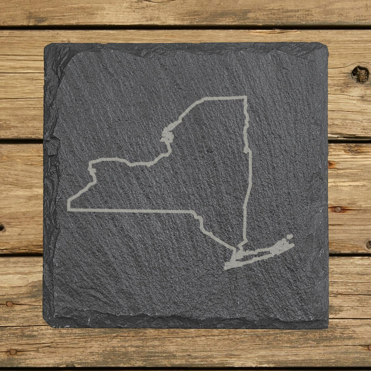 New York square slate coaster engraved with a clean state outline
