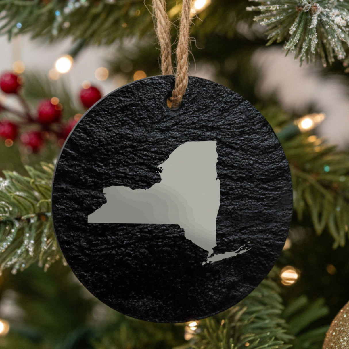 New York round slate Christmas ornament with the full state shape engraved