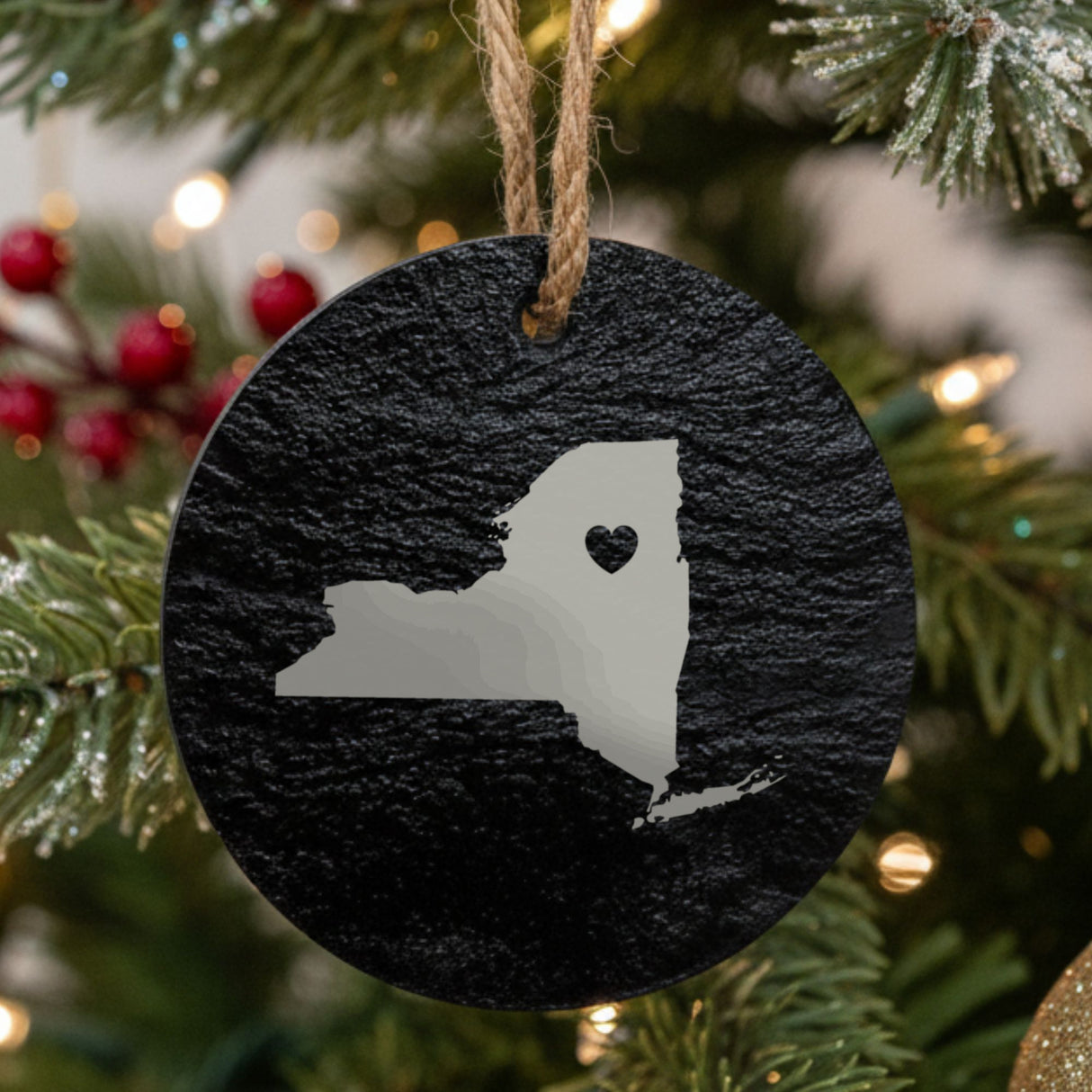 New York round slate Christmas ornament engraved with the state shape and a heart