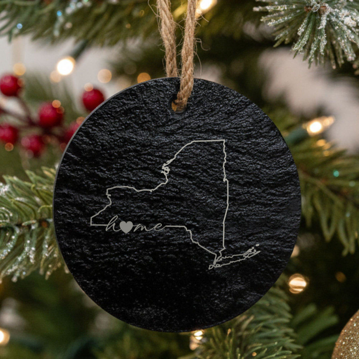 New York round slate Christmas ornament engraved with the state outline and home in script with a heart