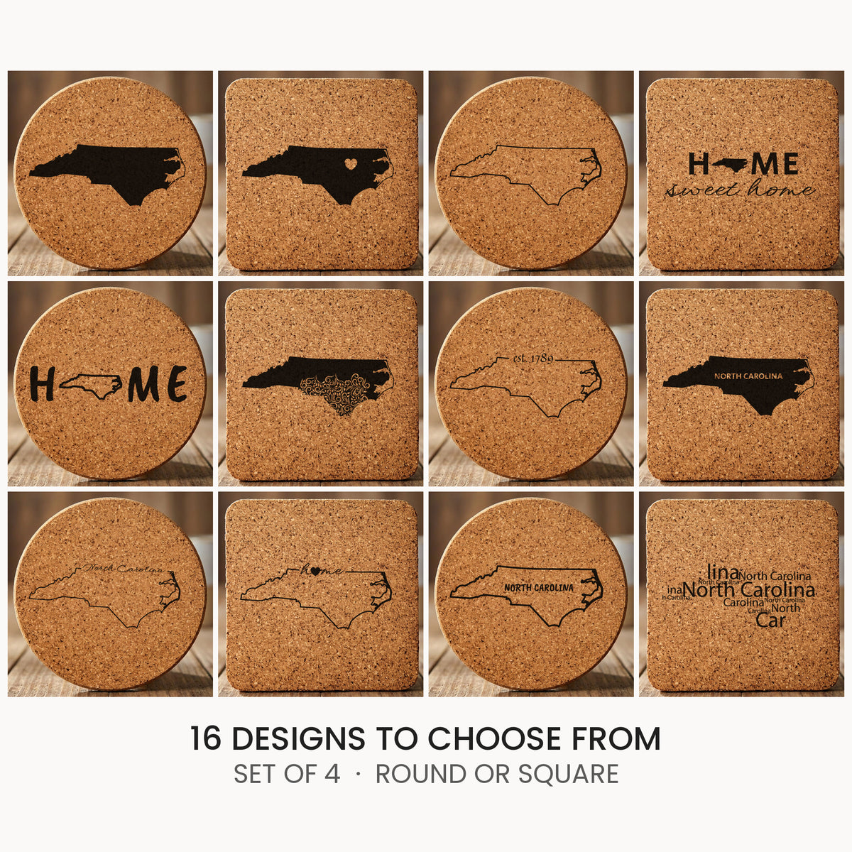 North Carolina cork coaster set, laser engraved natural cork
