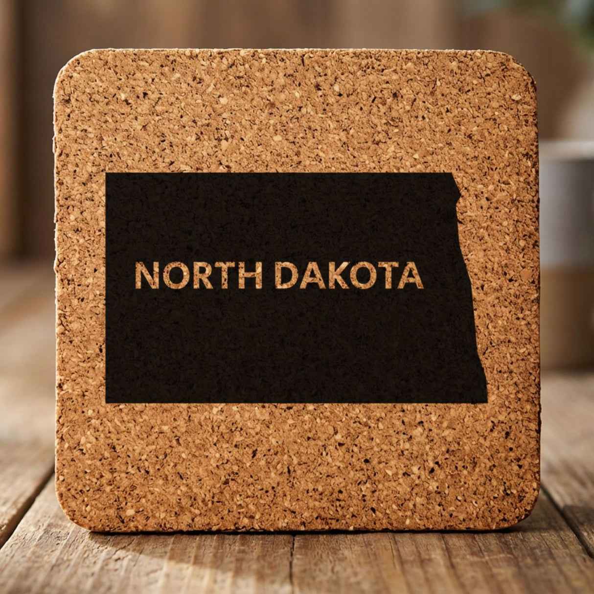 North Dakota square cork coaster engraved with the state shape and NORTH DAKOTA in bold lettering