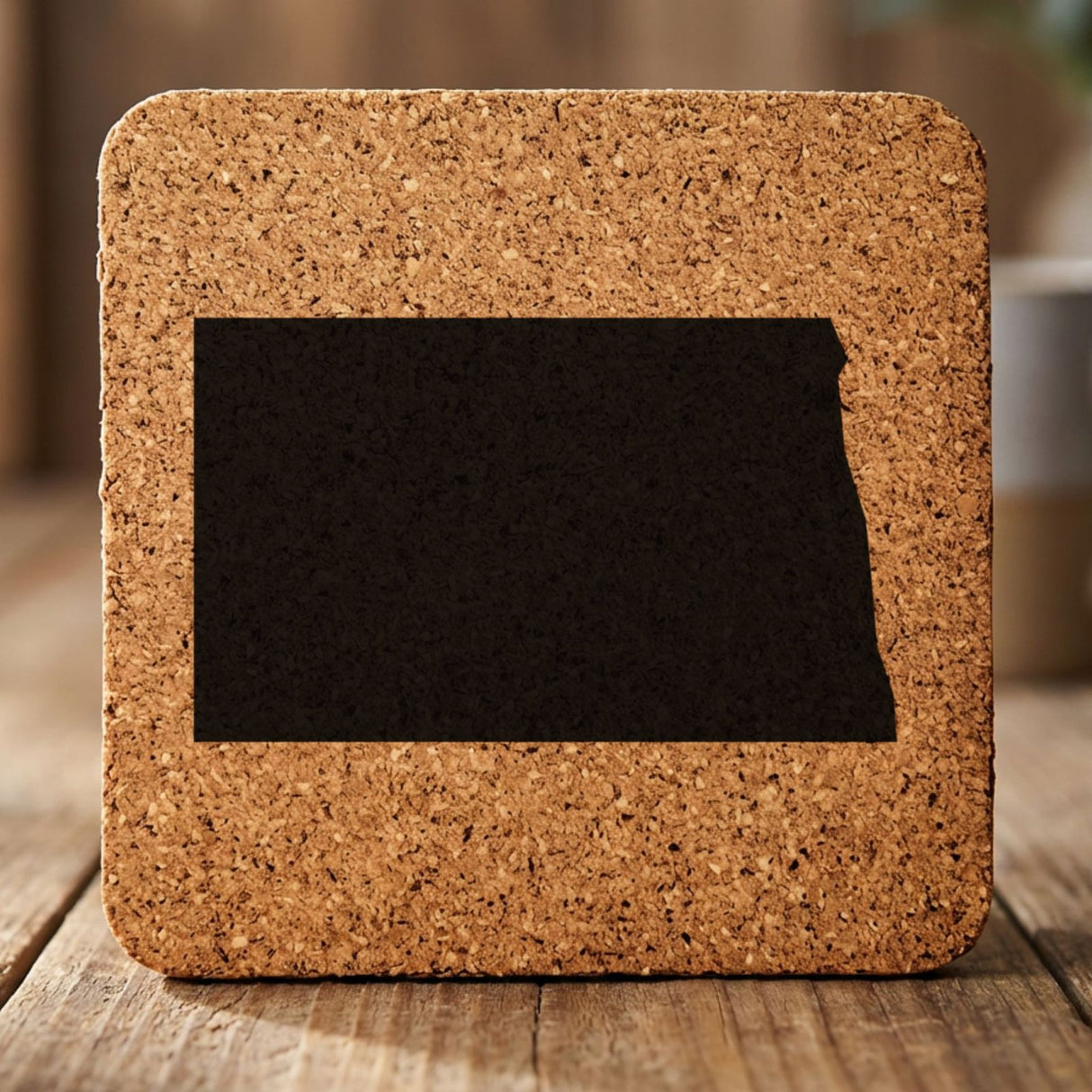 North Dakota square cork coaster with the full state shape engraved