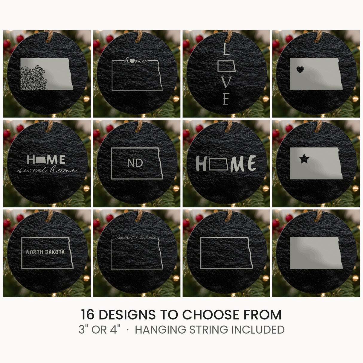 North Dakota slate Christmas ornament, laser engraved natural stone