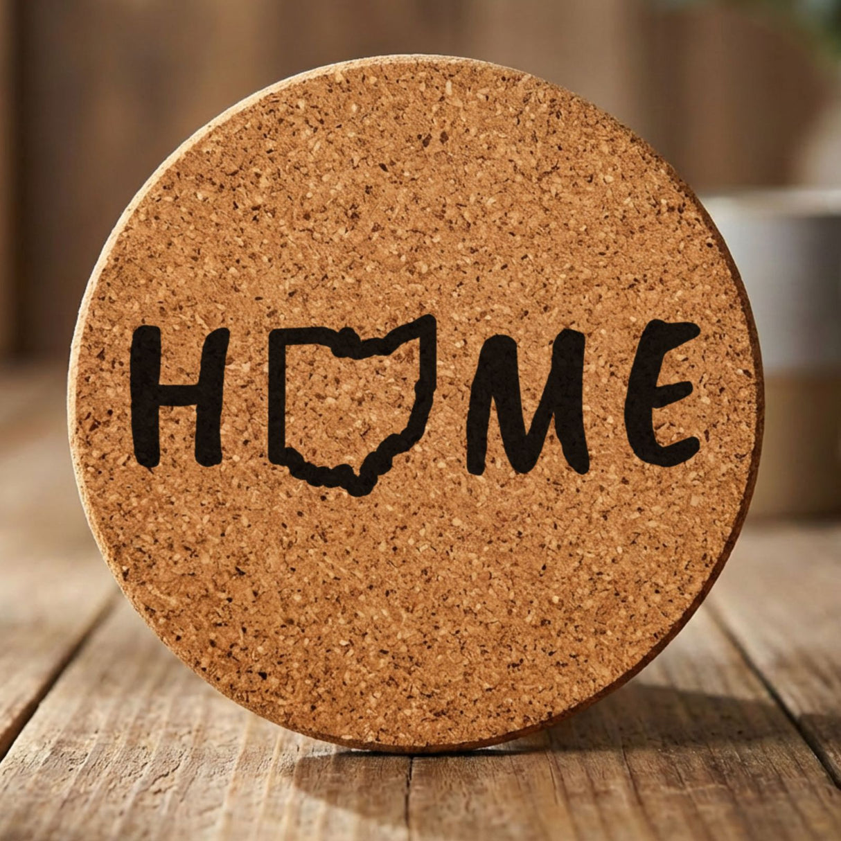 Ohio round cork coaster engraved with HOME using the state outline as the letter O