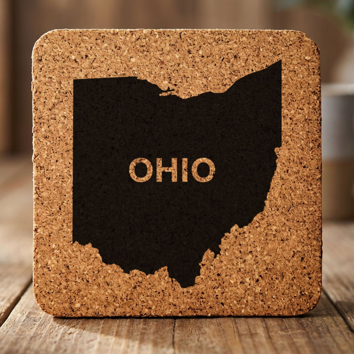 Ohio square cork coaster engraved with the state shape and OHIO in bold lettering