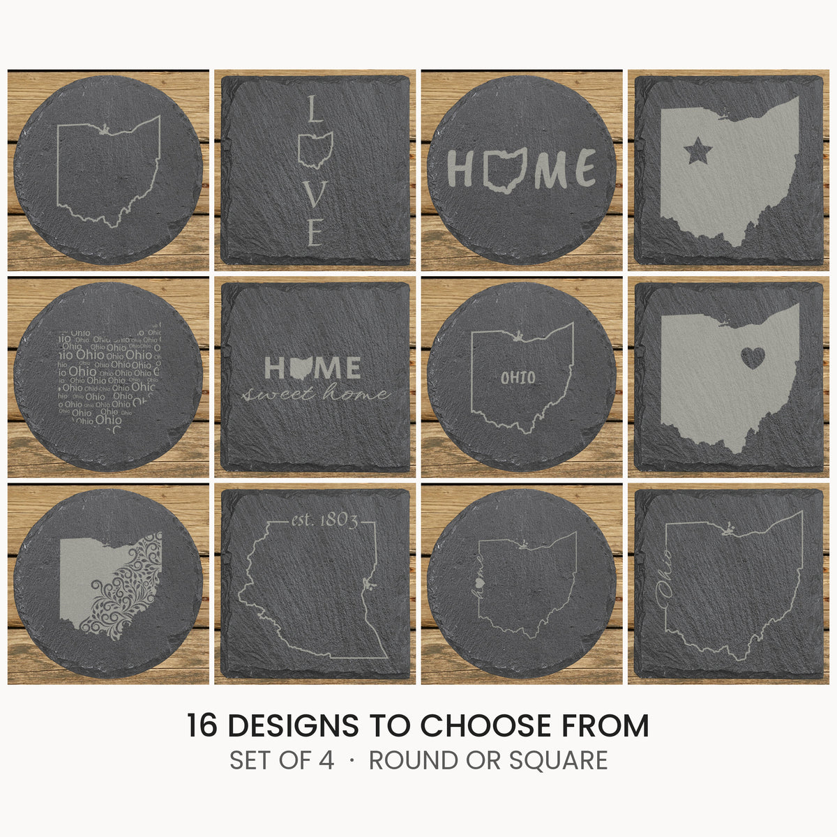 Ohio slate coaster set, laser engraved natural stone