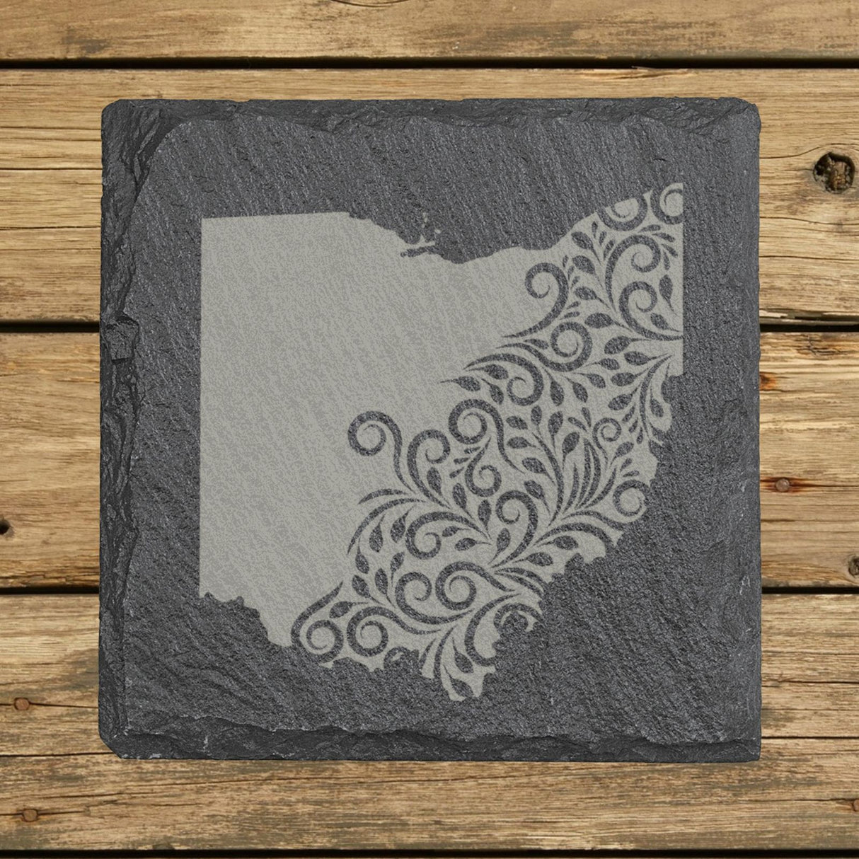 Ohio square slate coaster engraved with the state shape in ornate floral scrollwork