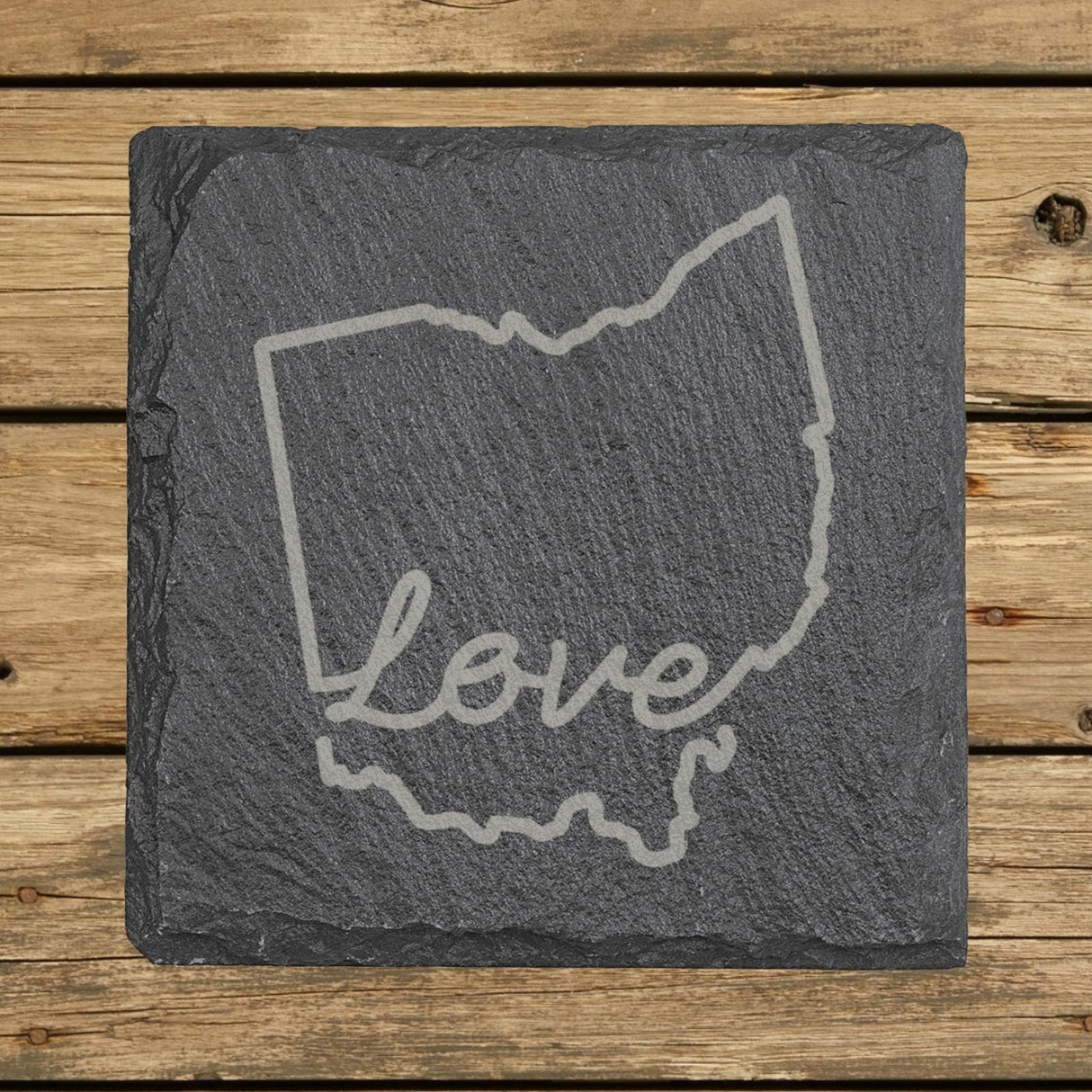 Ohio square slate coaster engraved with a hand-drawn state outline and love in cursive