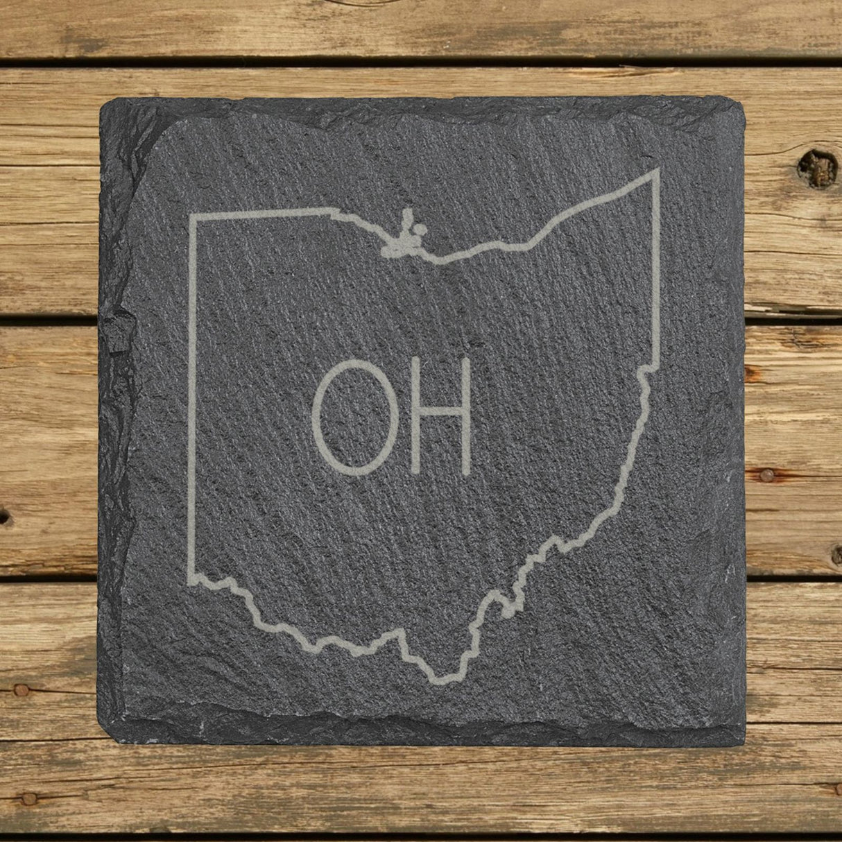 Ohio square slate coaster engraved with the state outline and OH initials