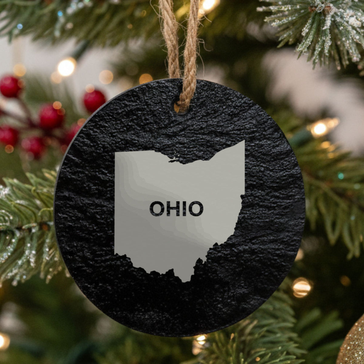 Ohio round slate Christmas ornament engraved with the state shape and OHIO in bold lettering