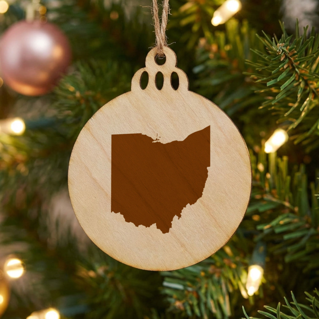Ohio round wood Christmas ornament with the full state shape engraved
