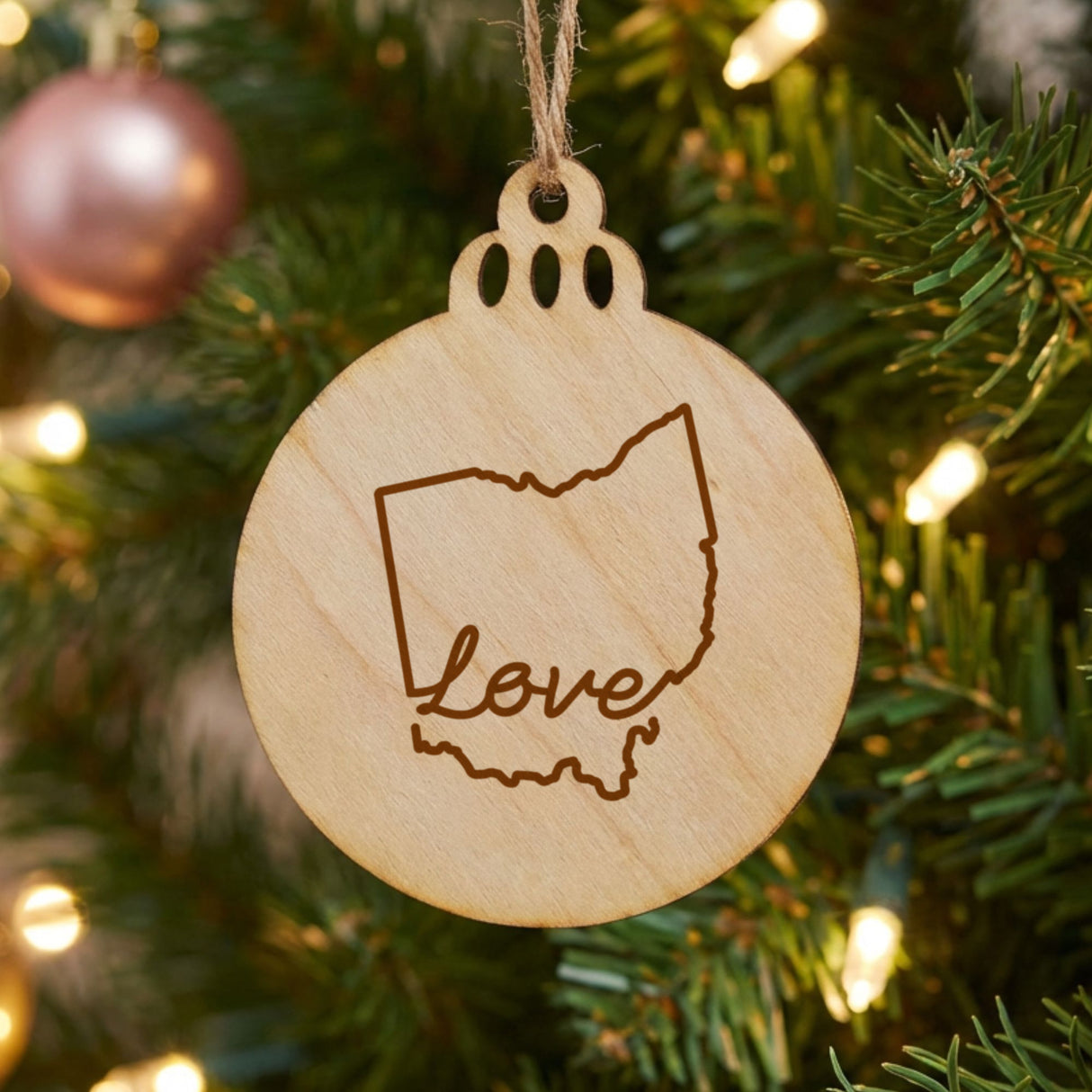 Ohio round wood Christmas ornament engraved with a hand-drawn state outline and love in cursive