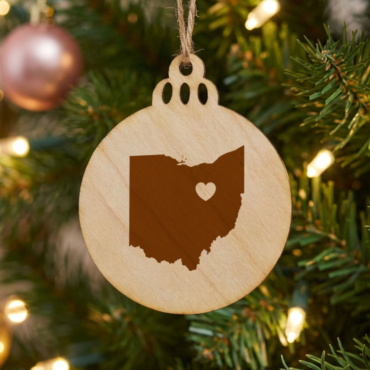 Ohio round wood Christmas ornament engraved with the state shape and a heart