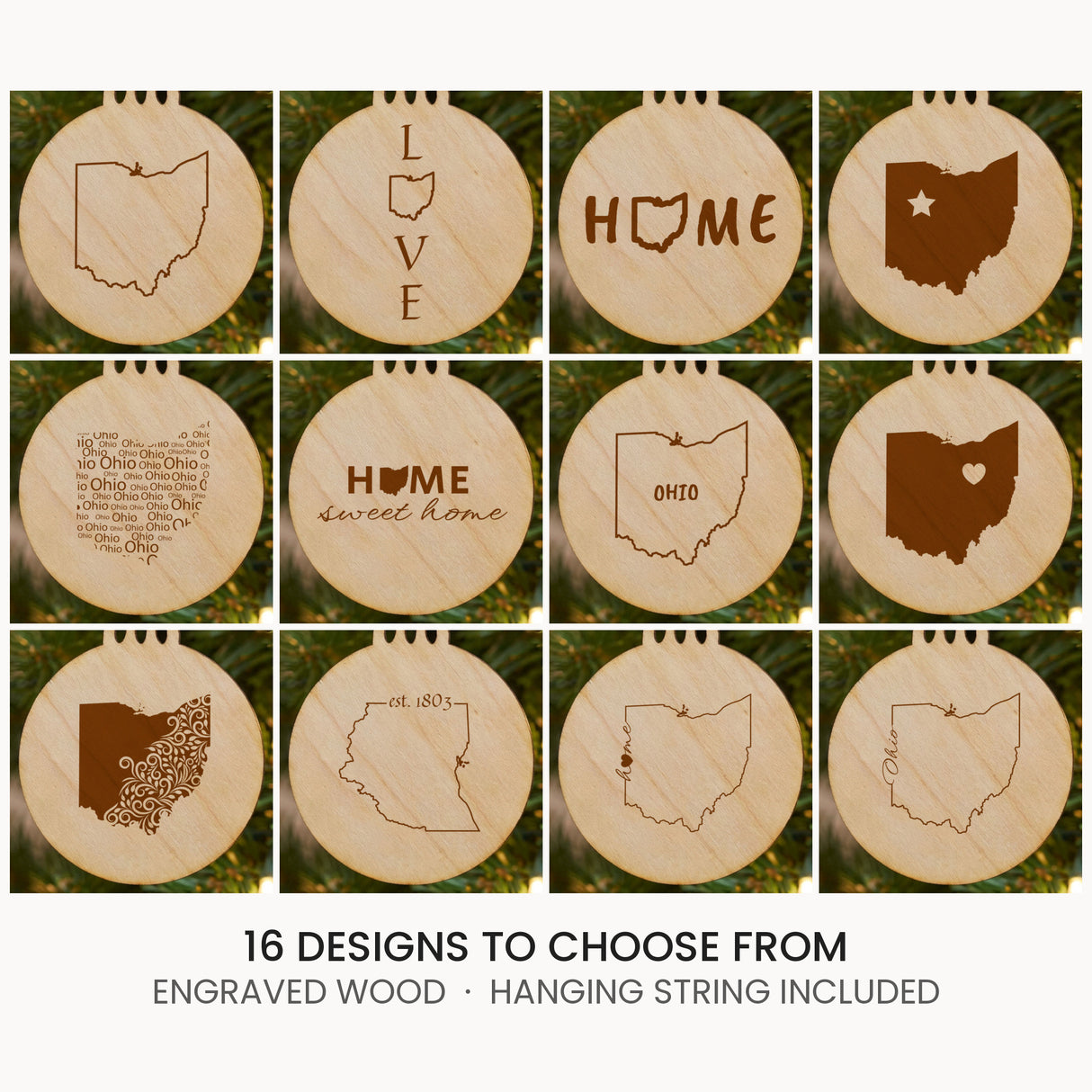 Ohio wood Christmas ornament, laser engraved natural wood