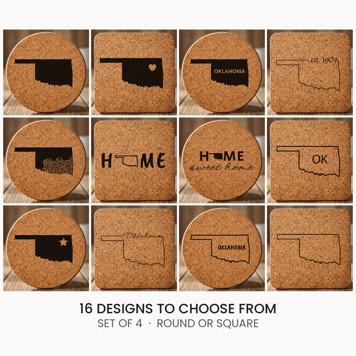 Oklahoma cork coaster set, laser engraved natural cork