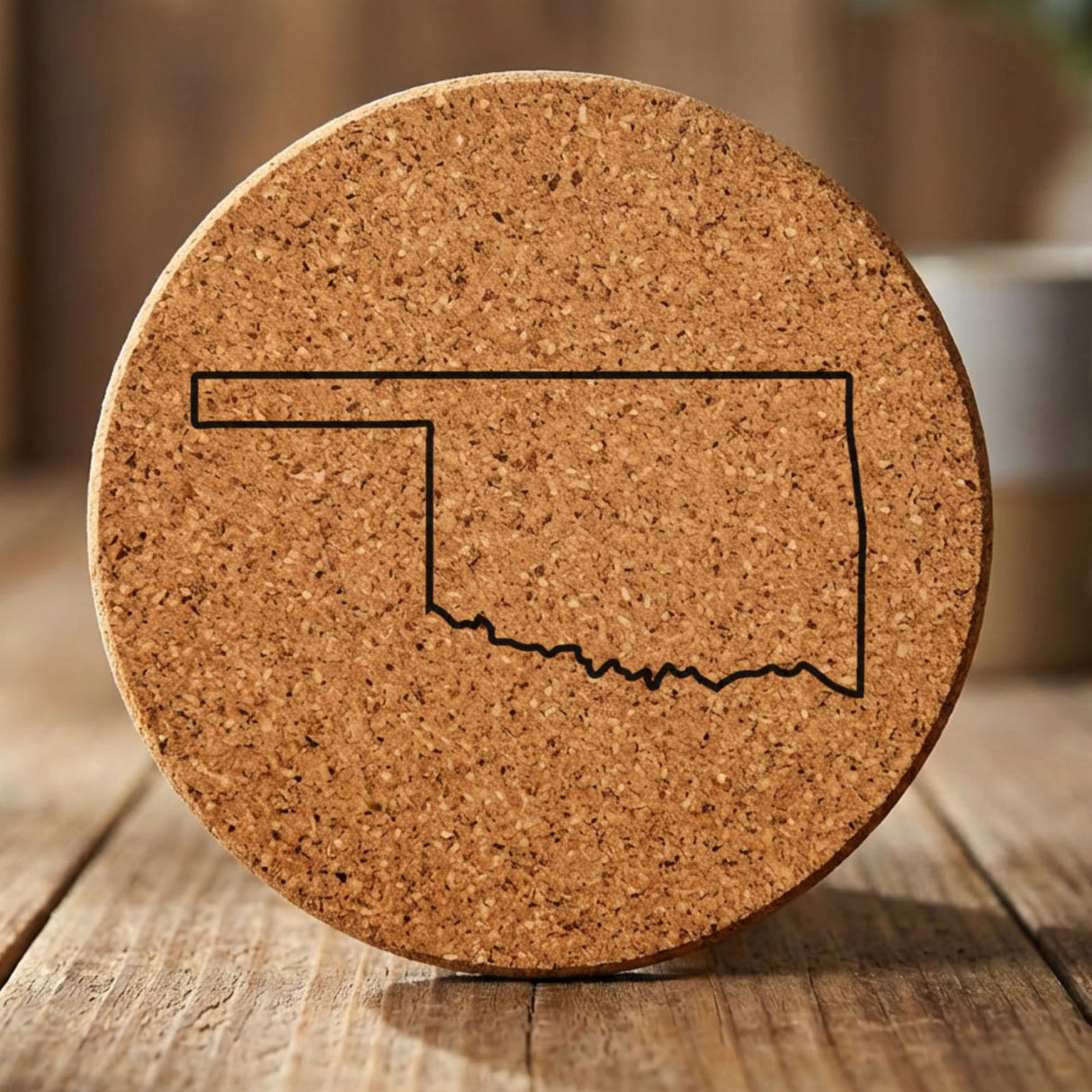 Oklahoma round cork coaster engraved with a clean state outline