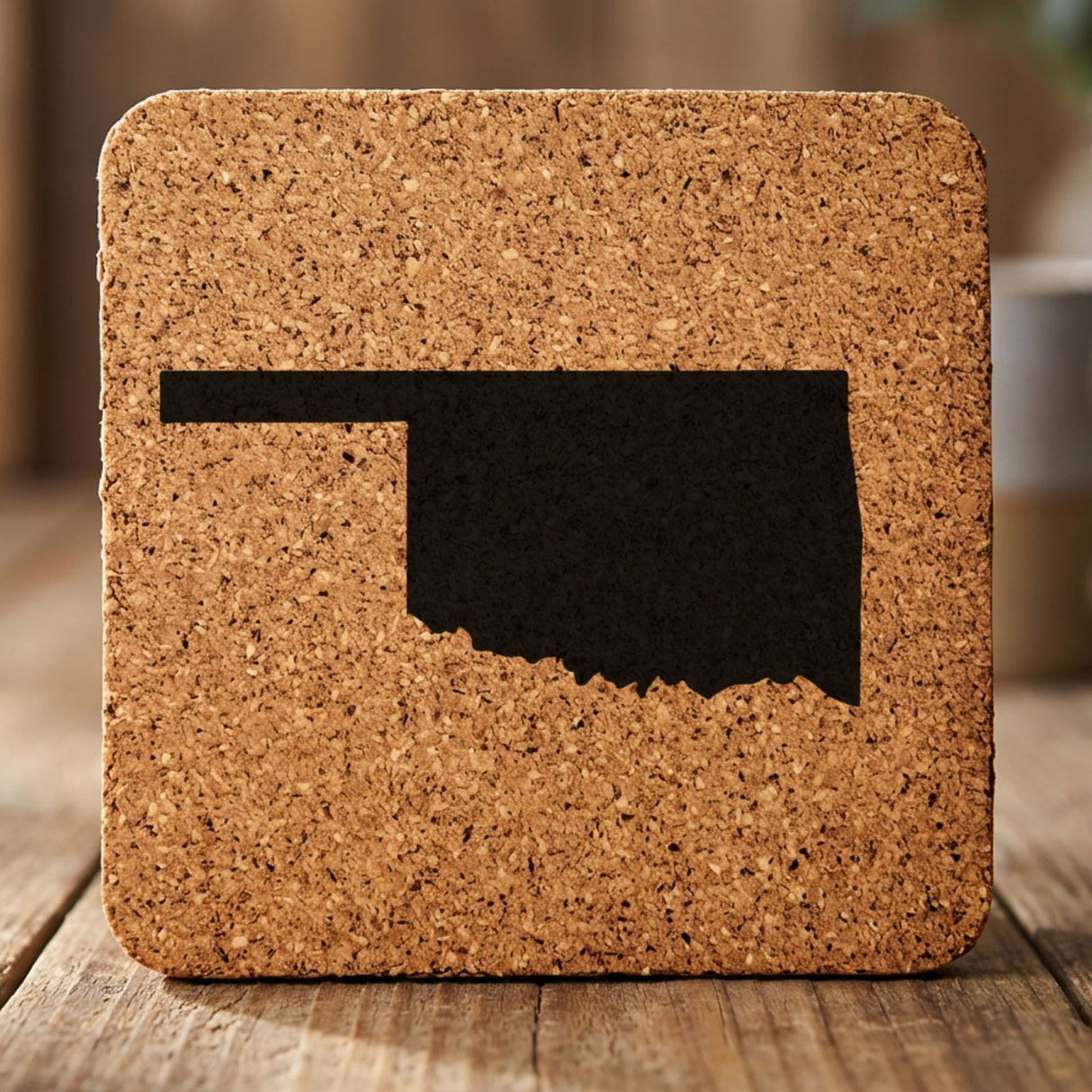 Oklahoma square cork coaster with the full state shape engraved