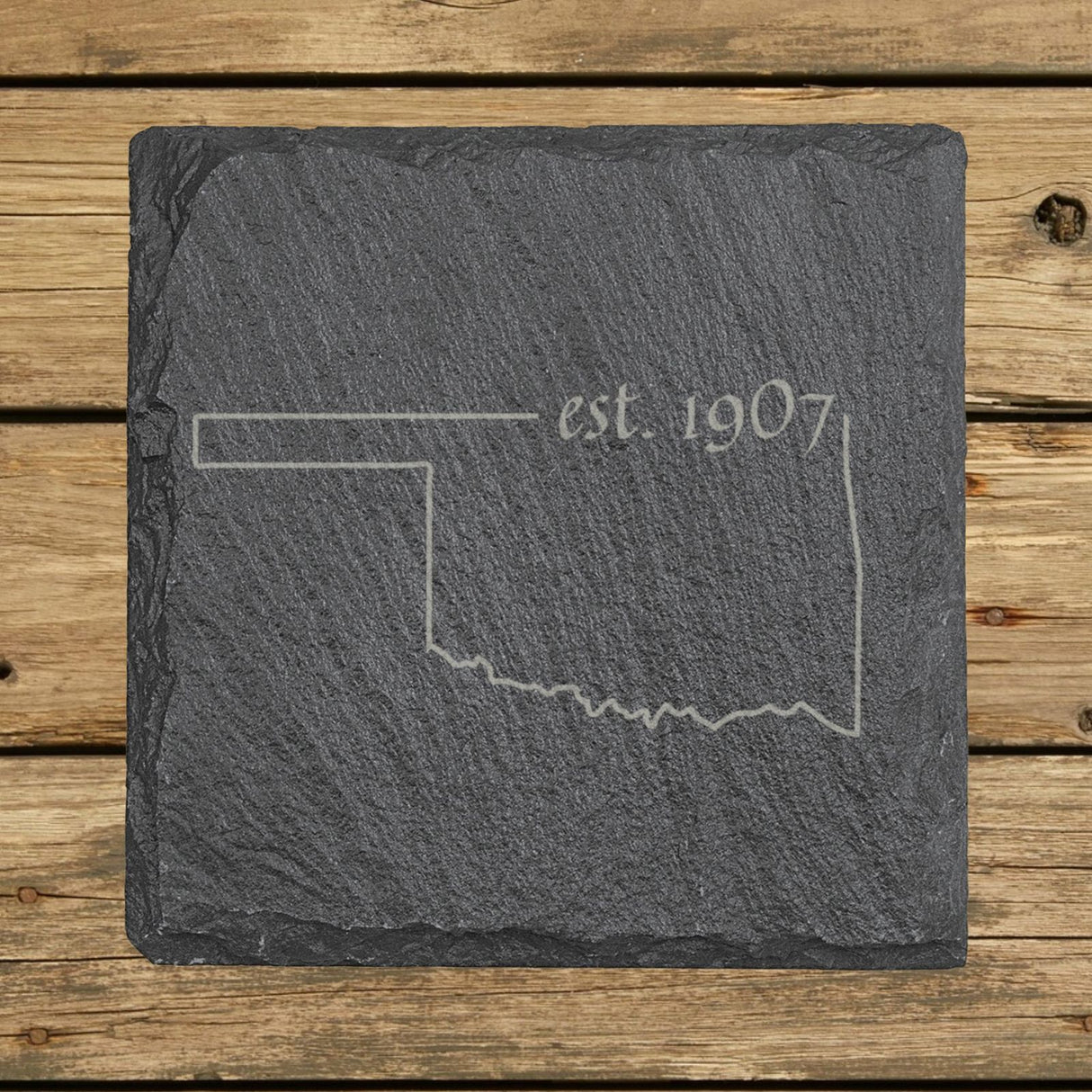 Oklahoma square slate coaster engraved with the state outline and est. 1907