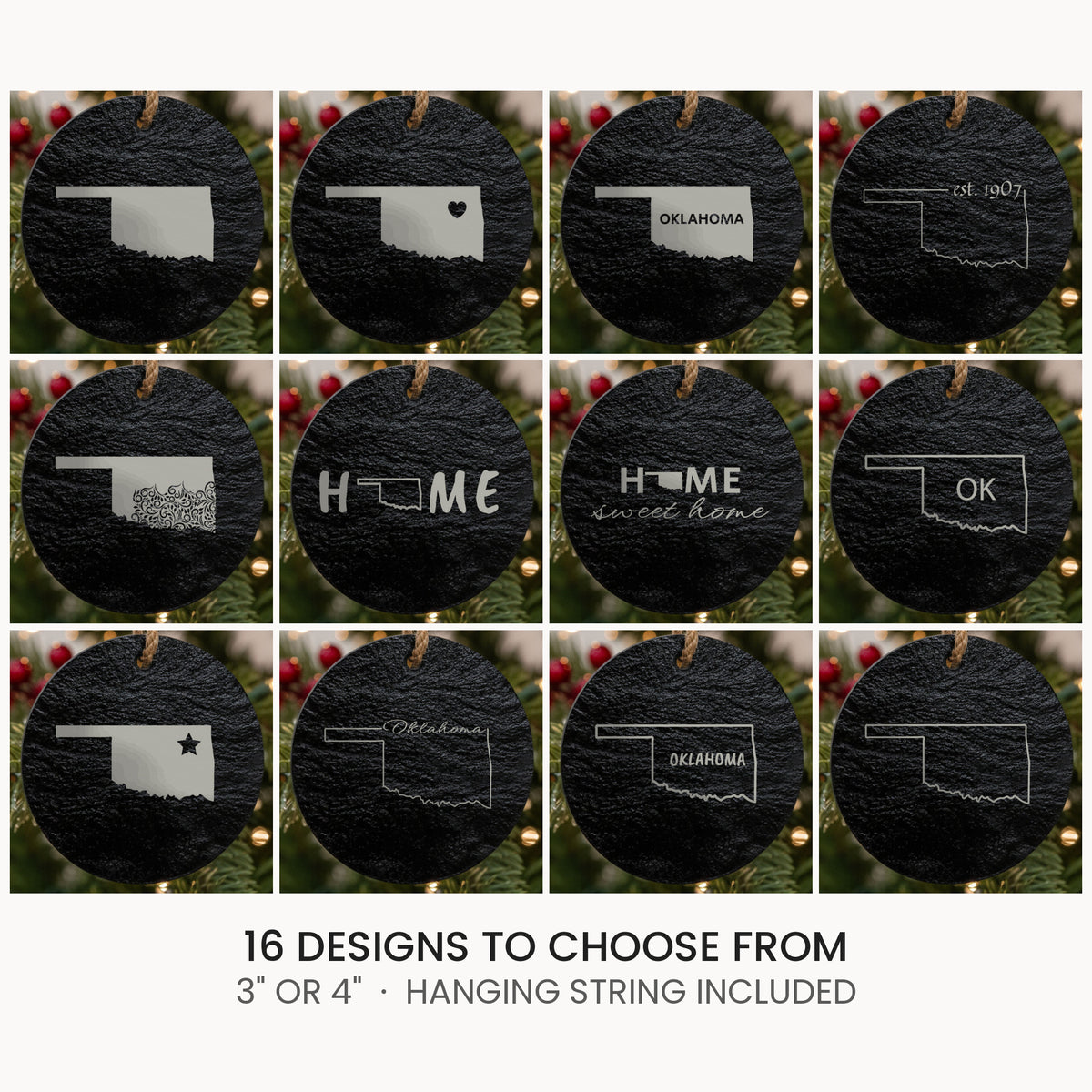 Oklahoma slate Christmas ornament, laser engraved natural stone
