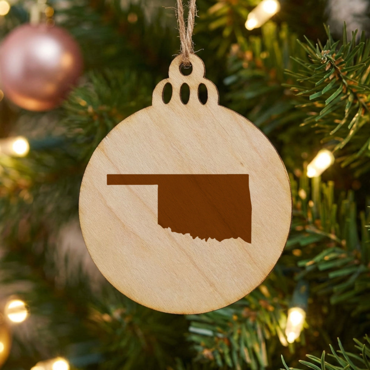 Oklahoma round wood Christmas ornament with the full state shape engraved