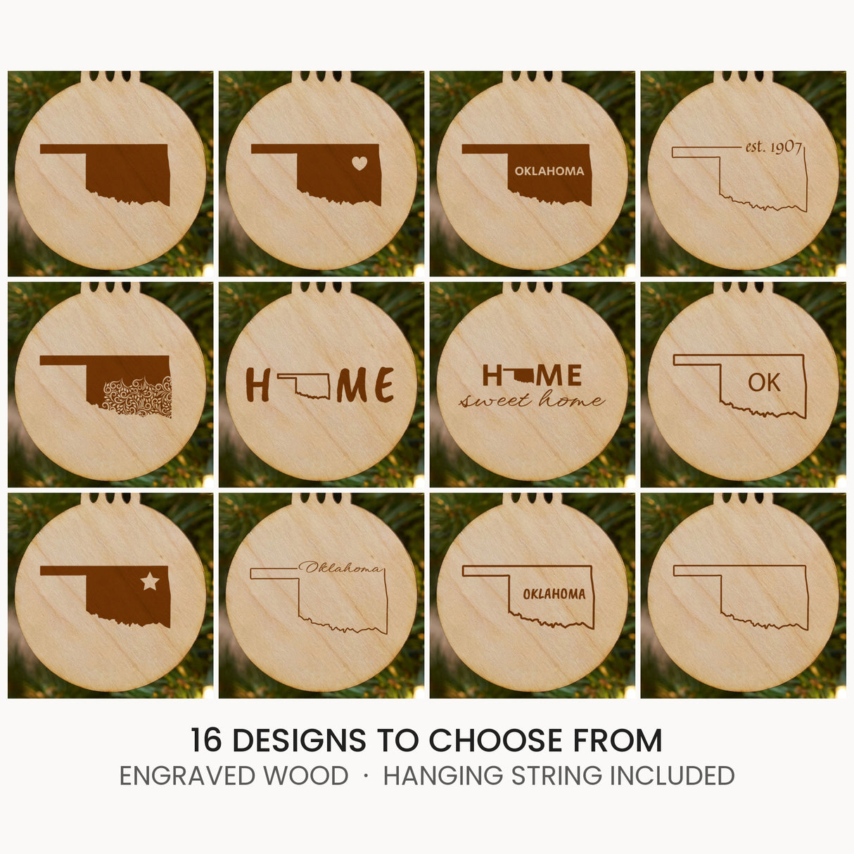 Oklahoma wood Christmas ornament, laser engraved natural wood