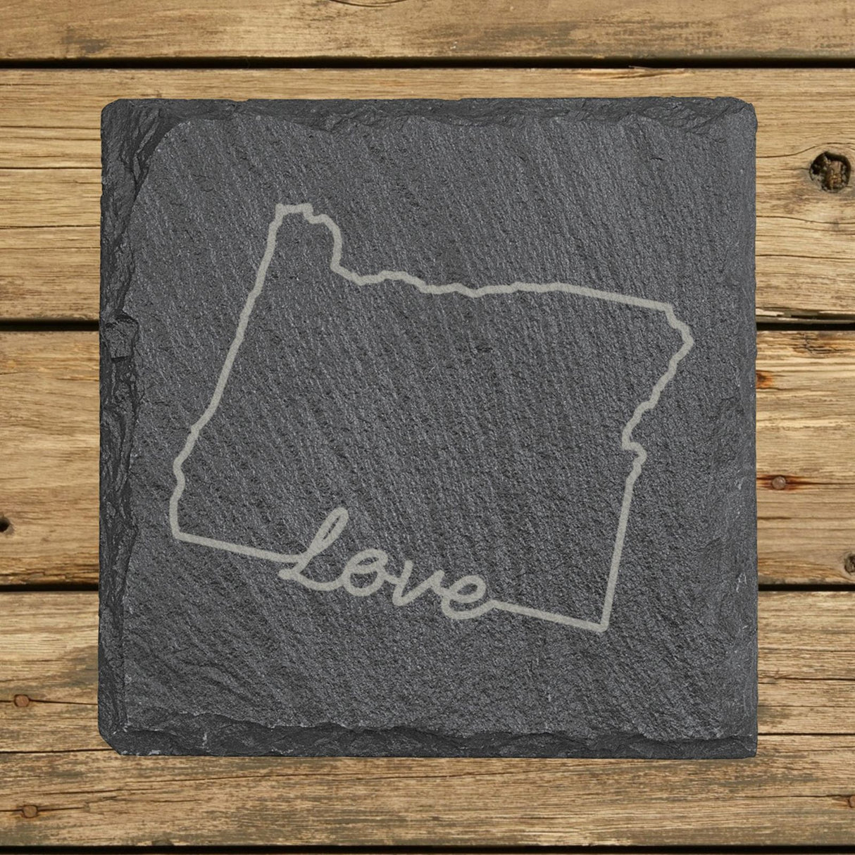 Oregon square slate coaster engraved with a hand-drawn state outline and love in cursive