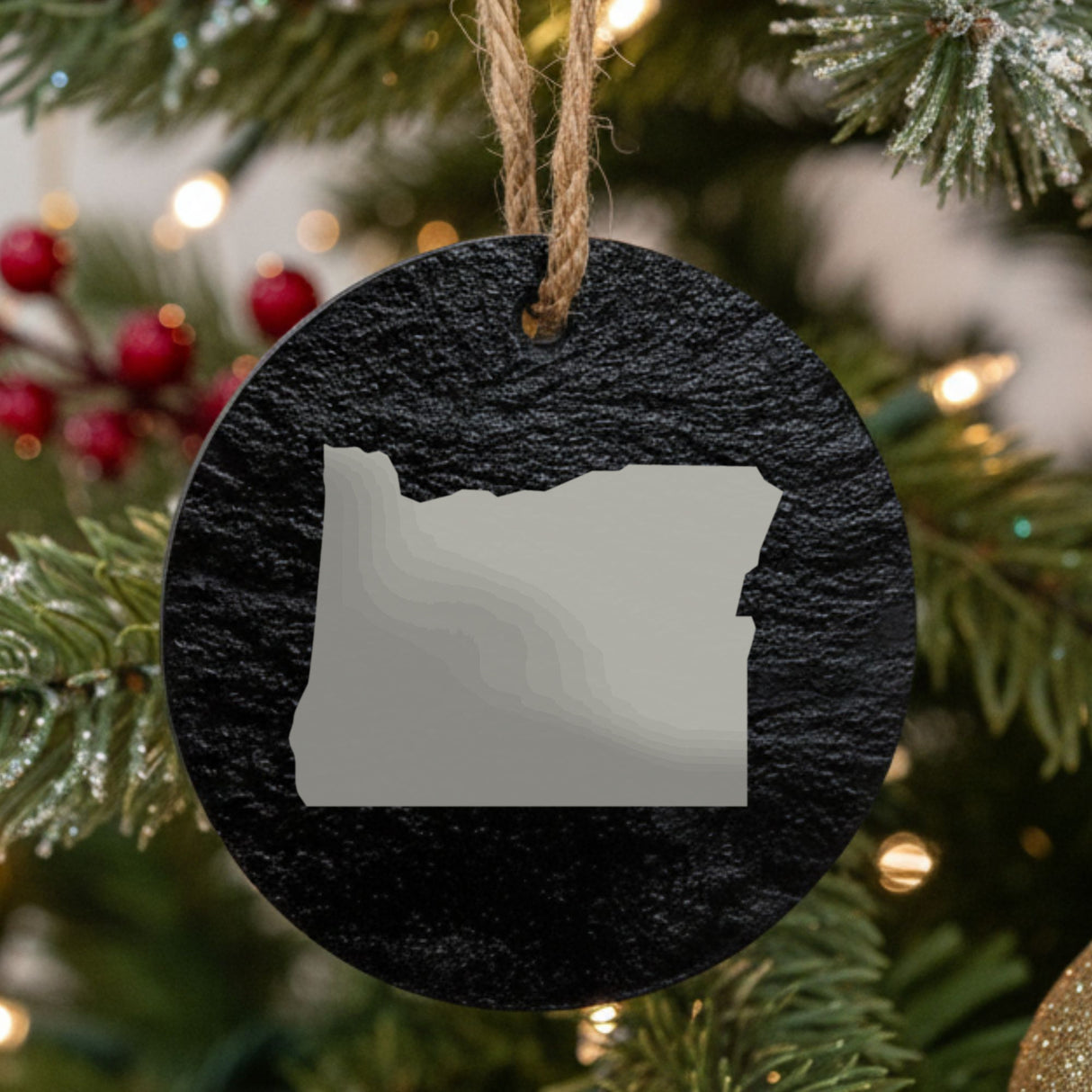 Oregon round slate Christmas ornament with the full state shape engraved