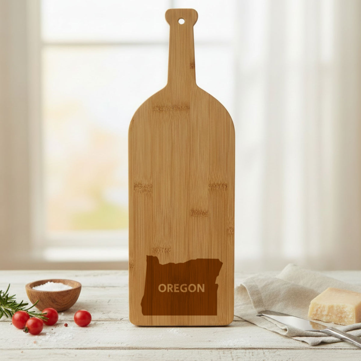 Bamboo wine bottle cutting board engraved with the Oregon Bold State Name design