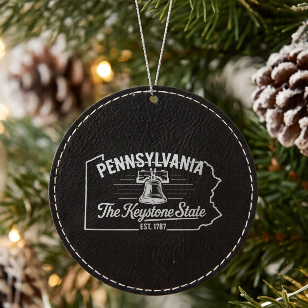 Black leatherette round Christmas ornament laser engraved with a Pennsylvania design of the Liberty Bell, hanging on a tree