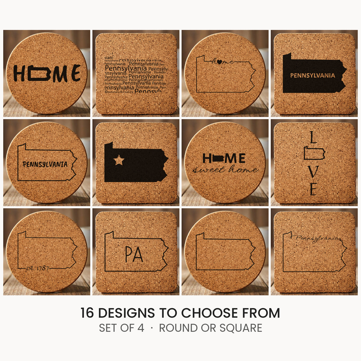 Pennsylvania cork coaster set, laser engraved natural cork