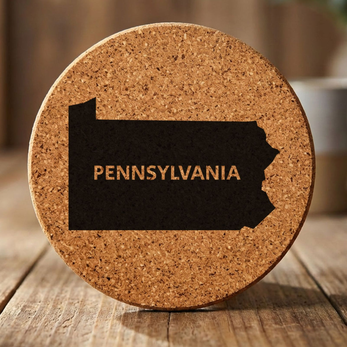 Pennsylvania round cork coaster engraved with the state shape and PENNSYLVANIA in bold lettering