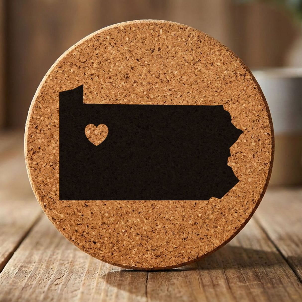 Pennsylvania round cork coaster engraved with the state shape and a heart